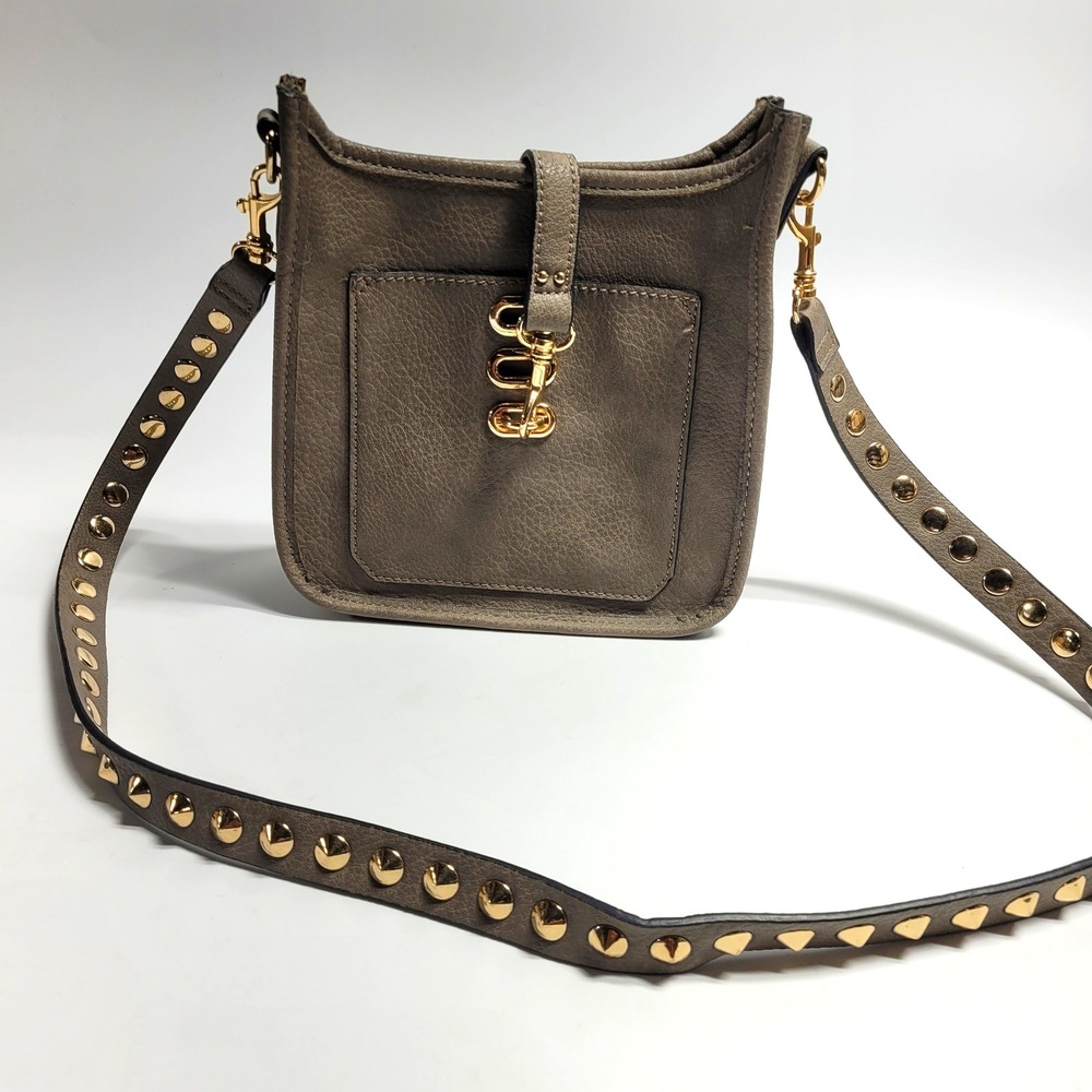 Steve Madden Taupe Grey Studded Strap Crossbody Bag Gold Tone Hardware Messenger